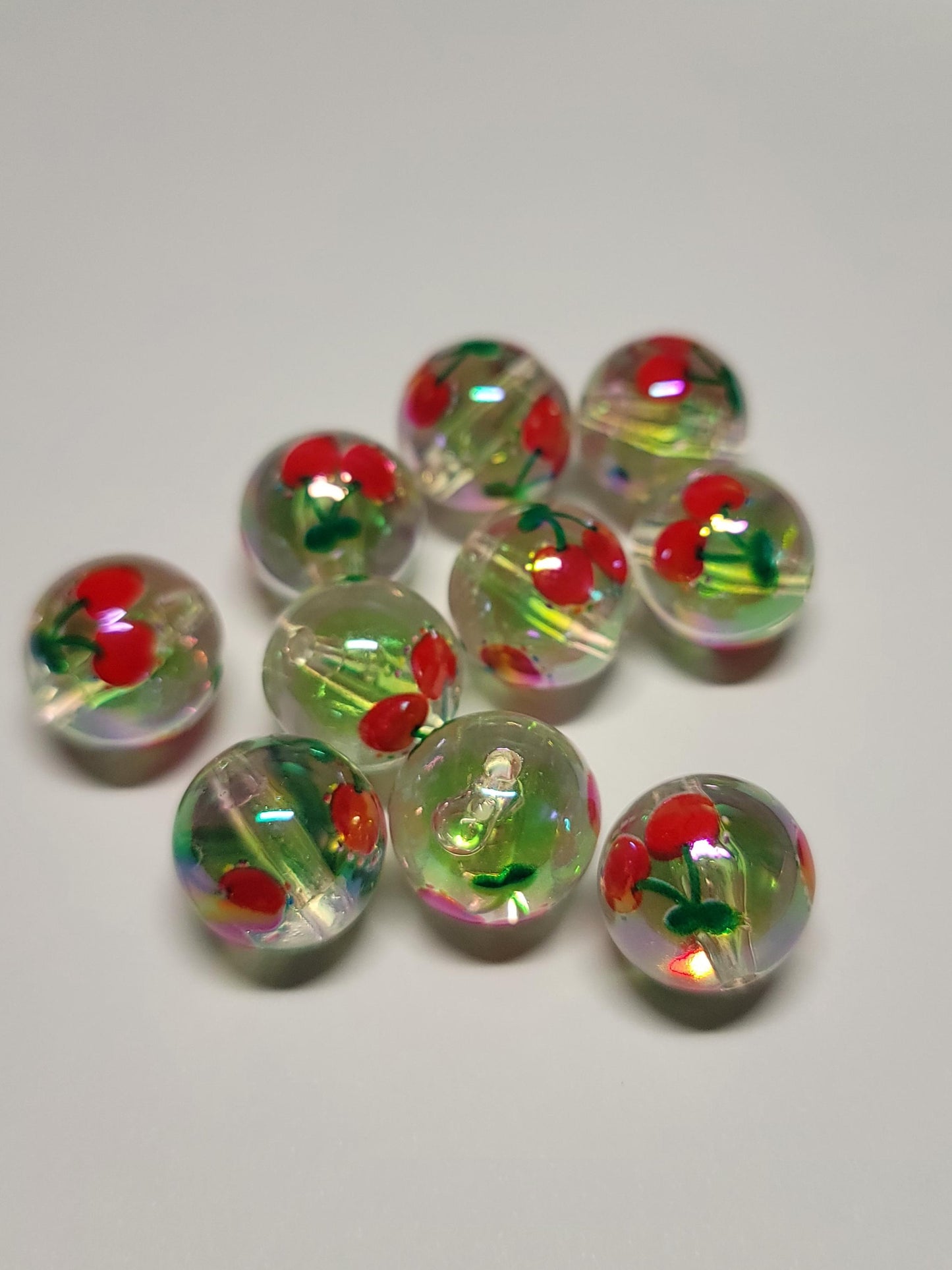Cherry bubblegum beads,  16mm acrylic transparent with cherry print