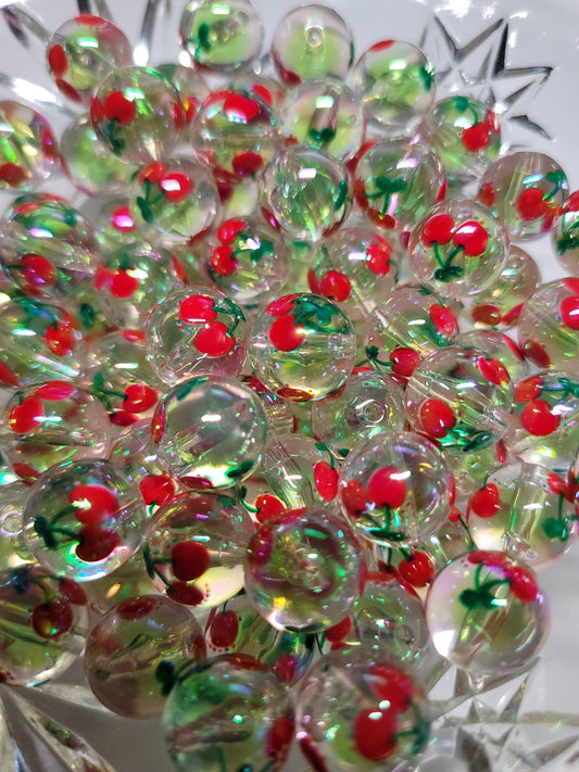 Cherry bubblegum beads,  16mm acrylic transparent with cherry print