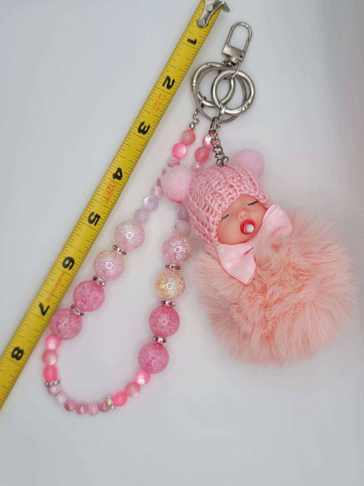 Pink Baby Doll Keychain: Faux Fur Pompom Bag Charm with Beaded Strap