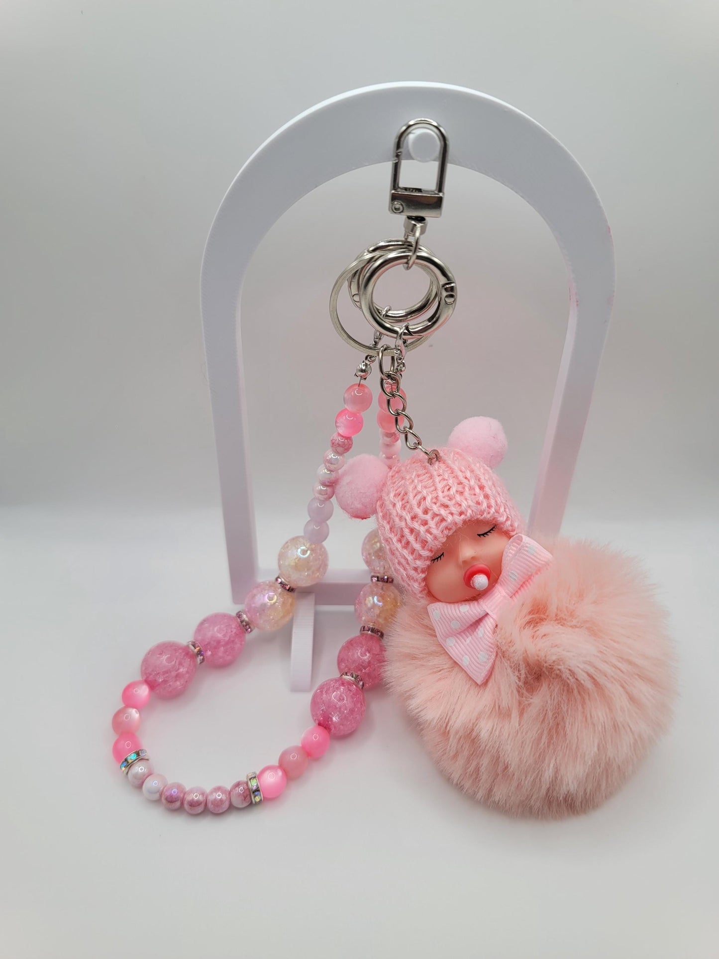Pink Baby Doll Keychain: Faux Fur Pompom Bag Charm with Beaded Strap
