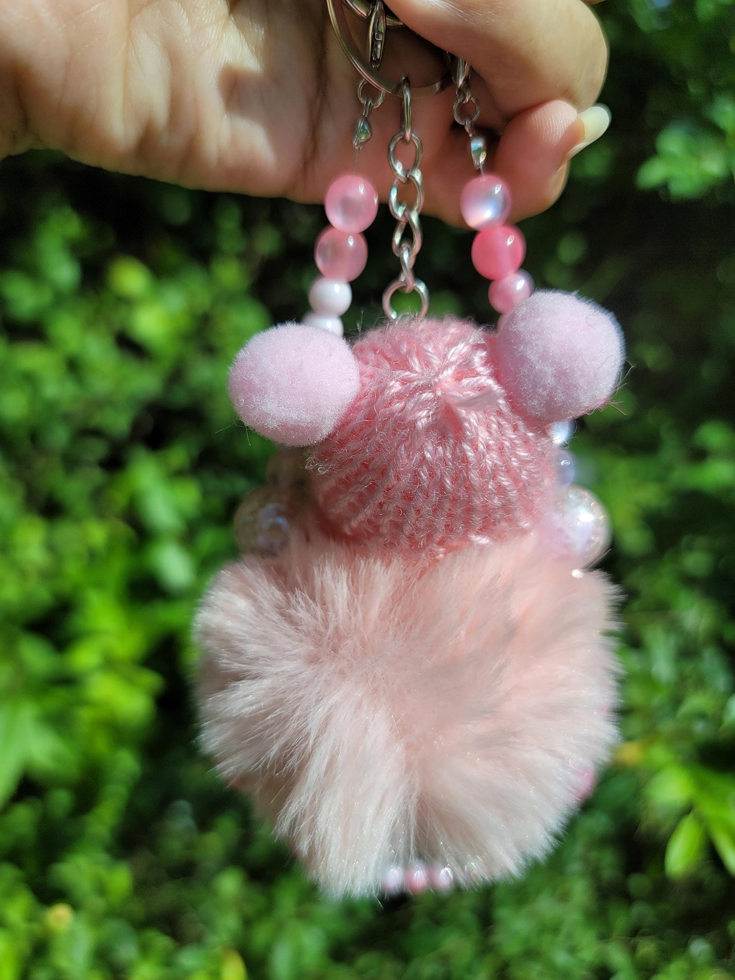 Pink Baby Doll Keychain: Faux Fur Pompom Bag Charm with Beaded Strap