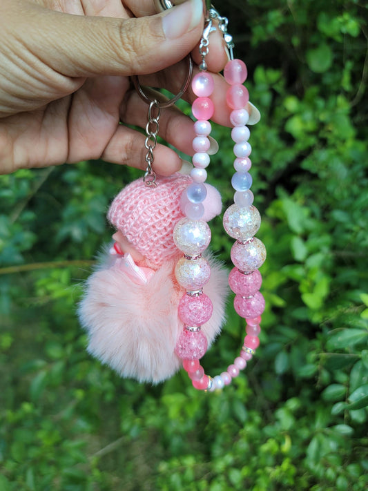 Pink Baby Doll Keychain: Faux Fur Pompom Bag Charm with Beaded Strap