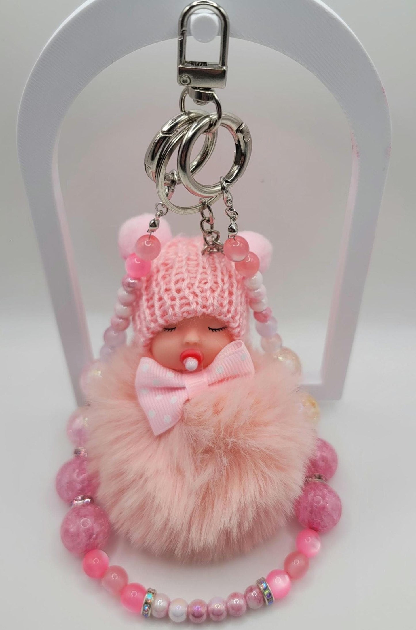 Pink Baby Doll Keychain: Faux Fur Pompom Bag Charm with Beaded Strap