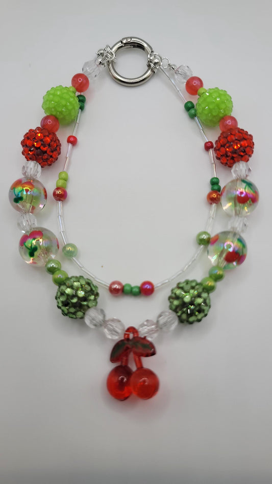 Cherry Beaded Phone Charm: Rhinestone Keychain Purse Accessory