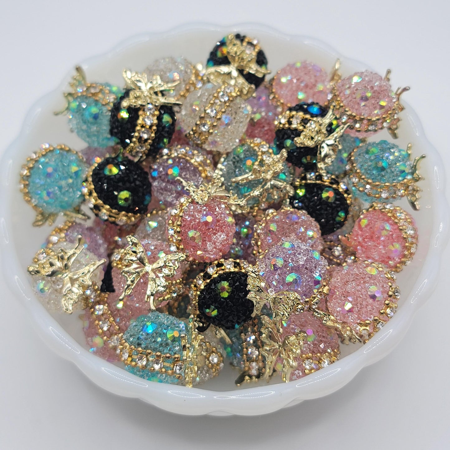 Fancy sugar beads with rhinestones and metal butterfly 19MM, 1 of each color