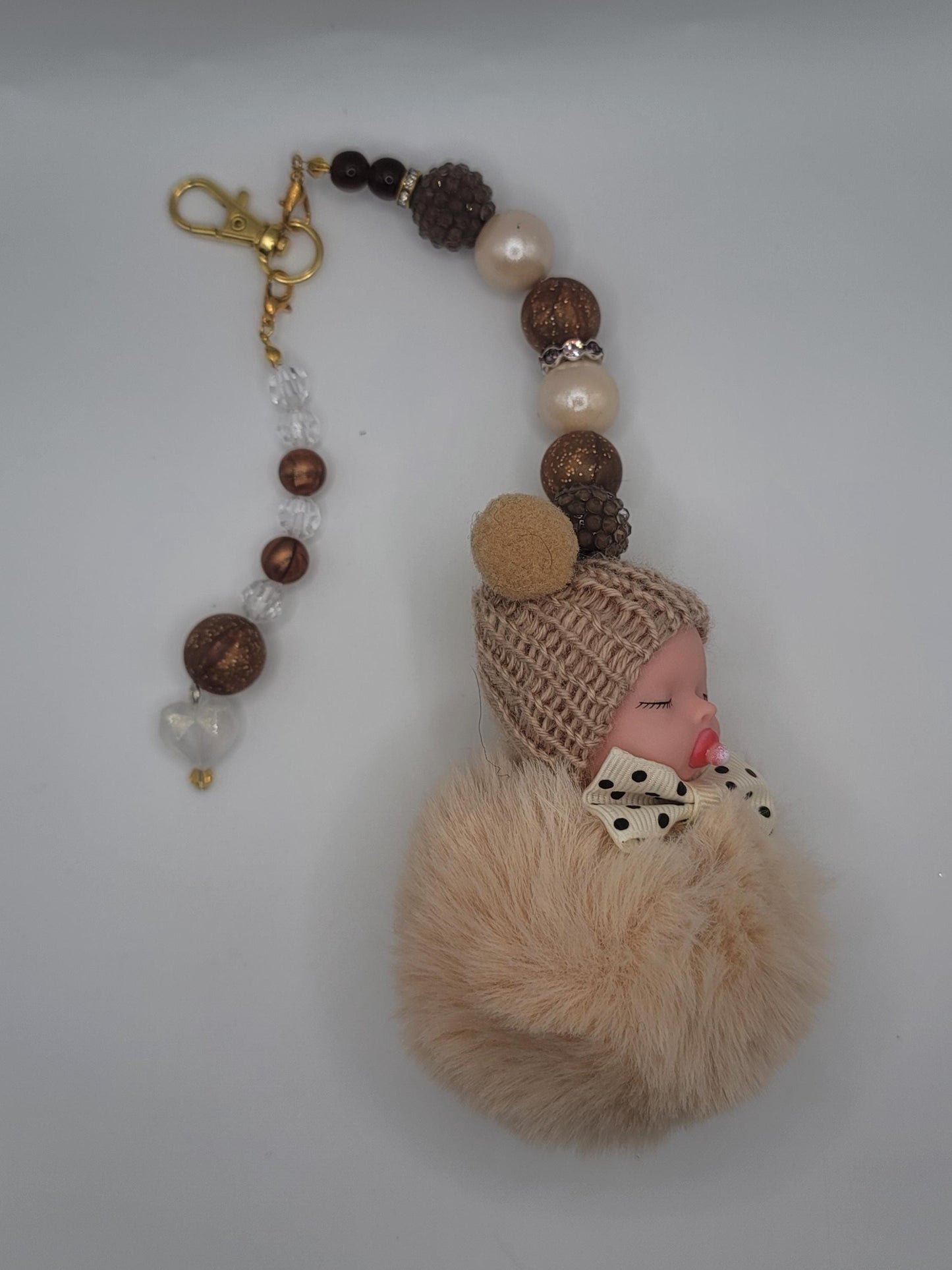 Handmade Baby Doll Keychain – Faux Fur Pom Pom Bag Charm with Beaded Strap