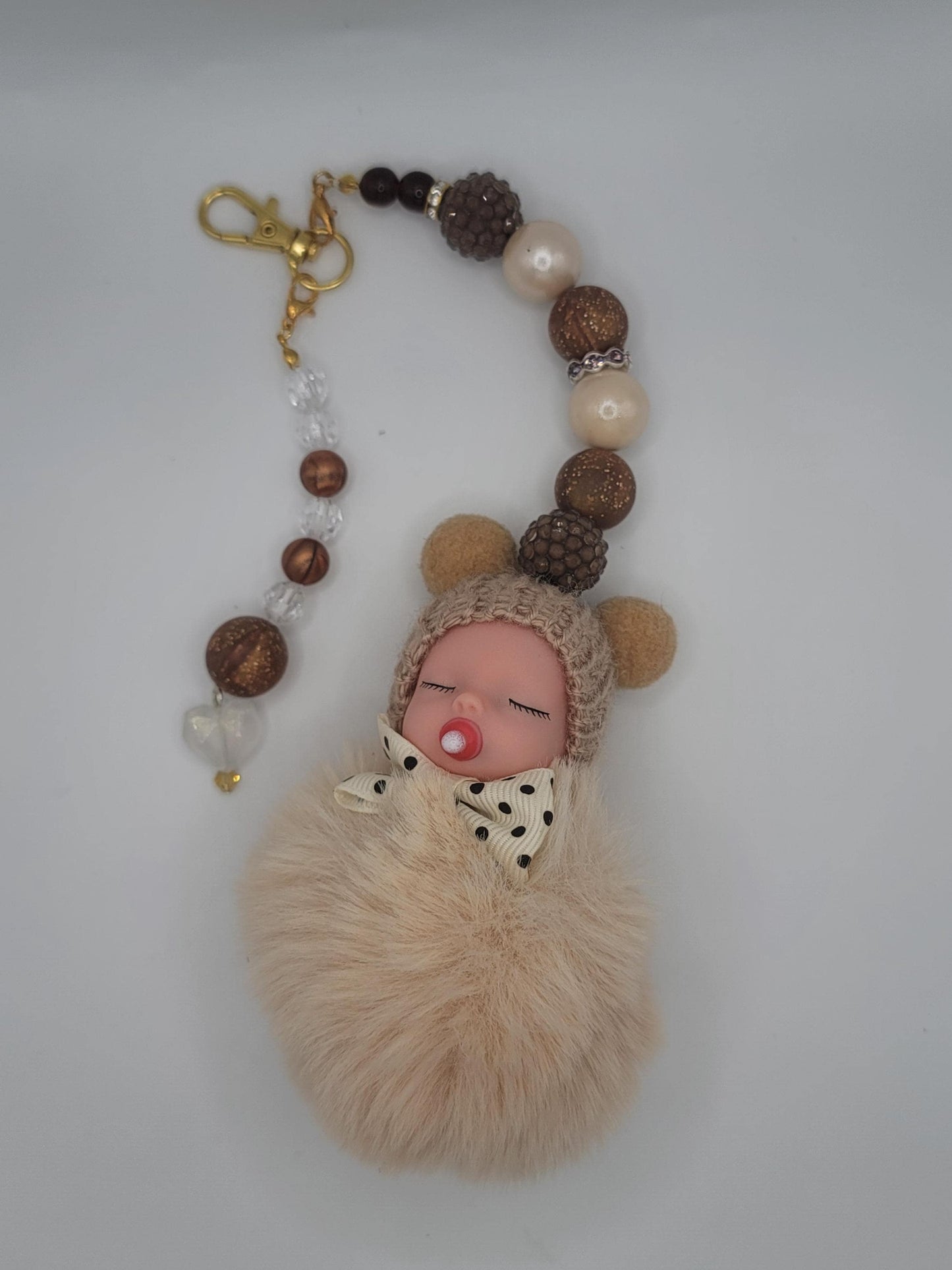 Handmade Baby Doll Keychain – Faux Fur Pom Pom Bag Charm with Beaded Strap