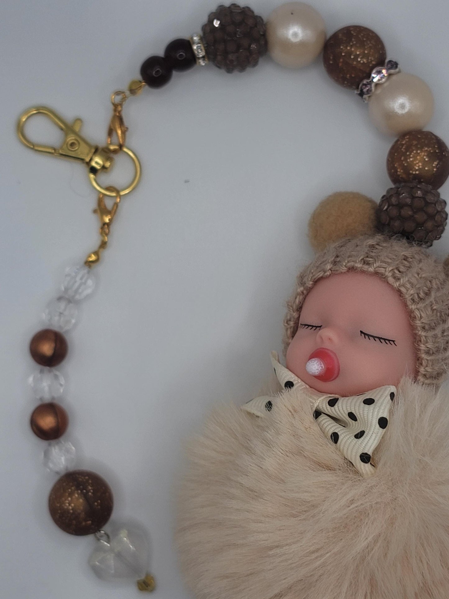 Handmade Baby Doll Keychain – Faux Fur Pom Pom Bag Charm with Beaded Strap