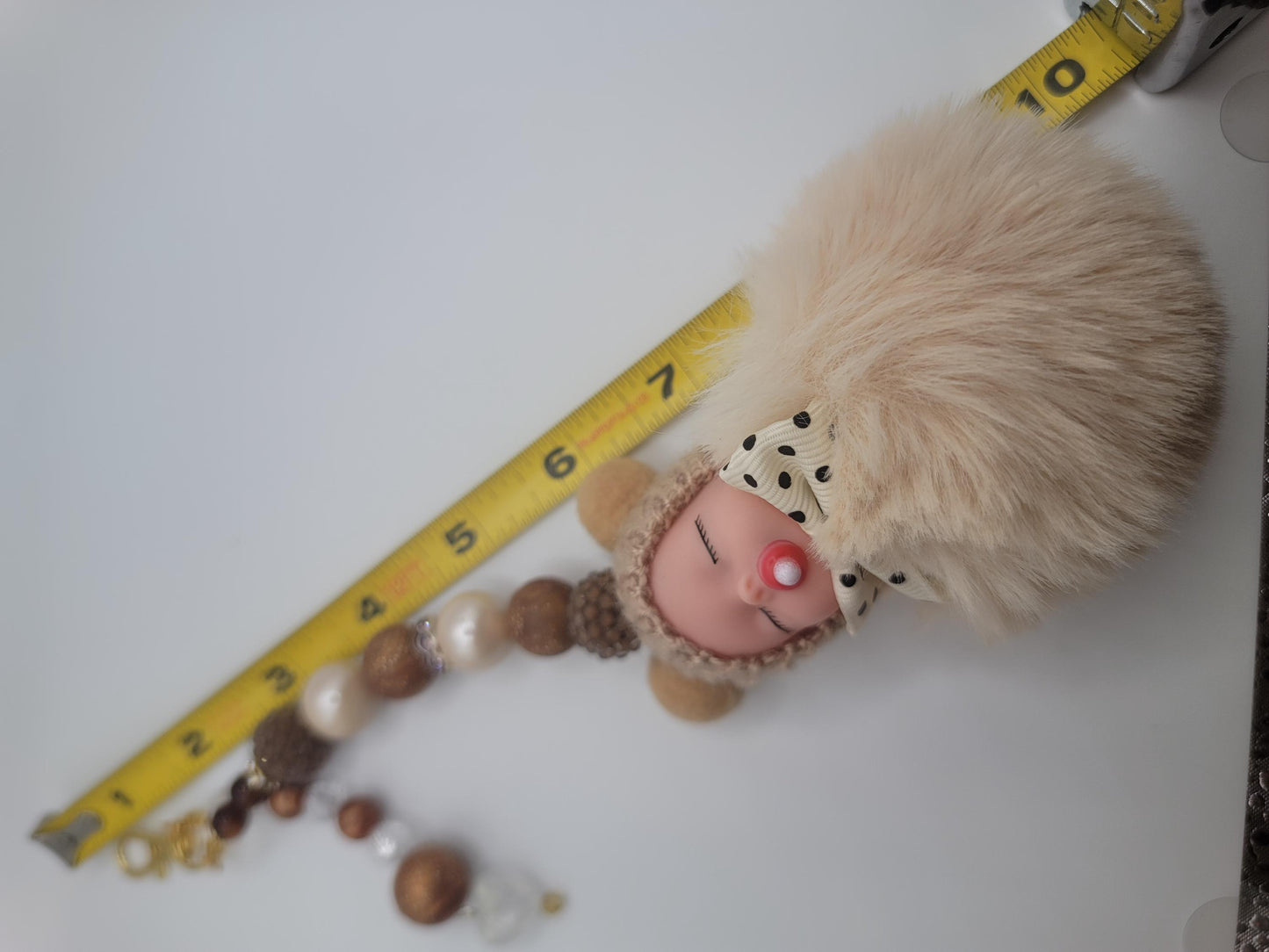 Handmade Baby Doll Keychain – Faux Fur Pom Pom Bag Charm with Beaded Strap