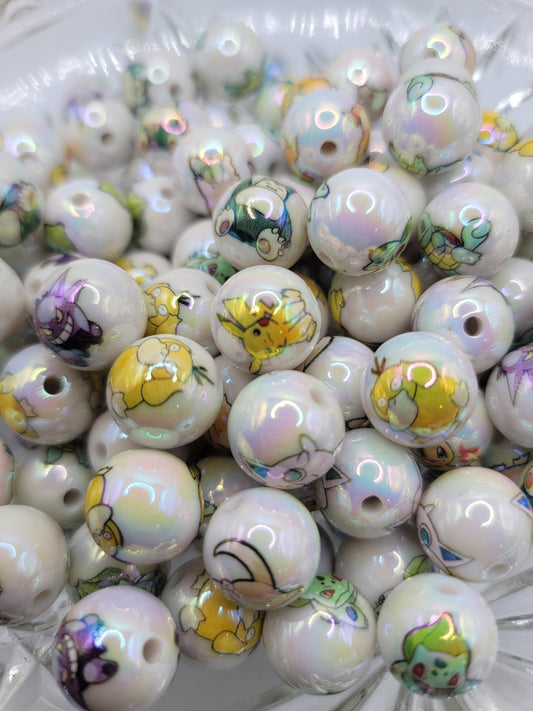 16mm Printed poke beads, 15 mixed pcs. Bulbasaur, pikachu,jigglypuff,charmander,etc