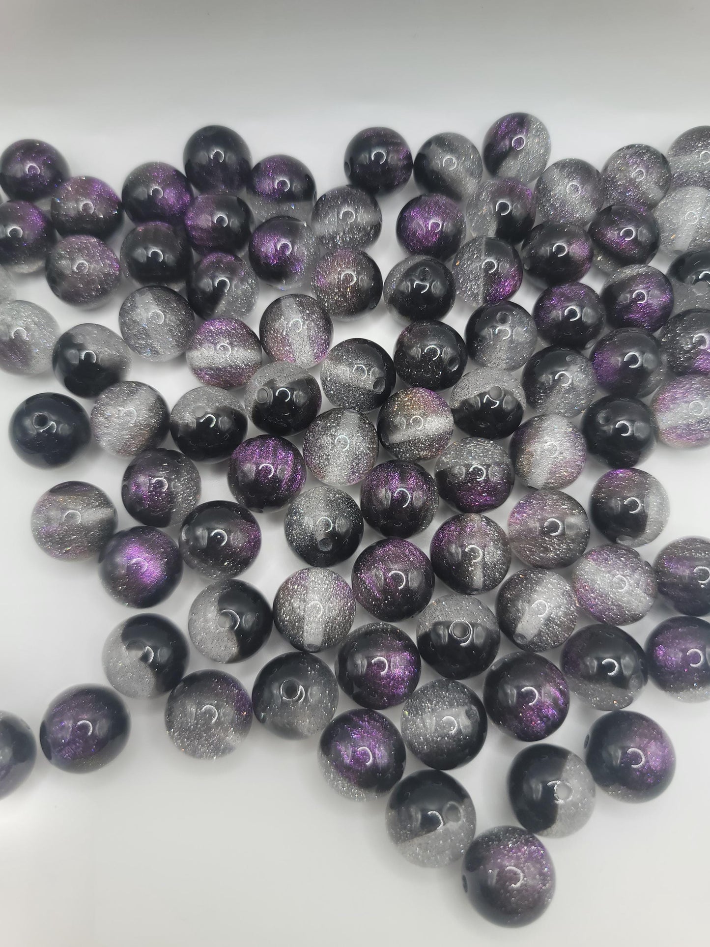 16mm  "Purple Poison" Black, Silver & Purple Glitter Resin Beads 10 pack